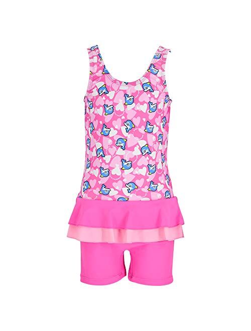 Karrack Little Girls Frilly Skirt One Piece Athletic Swimsuits Kids Rash Guard Swimsuit