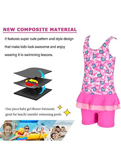 Karrack Little Girls Frilly Skirt One Piece Athletic Swimsuits Kids Rash Guard Swimsuit