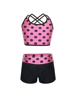 inlzdz Kids Girls Two Piece Sports Tankini Heart-Shaped/Polka Dots Printed Tops with Bottoms Dancewear Swimwear