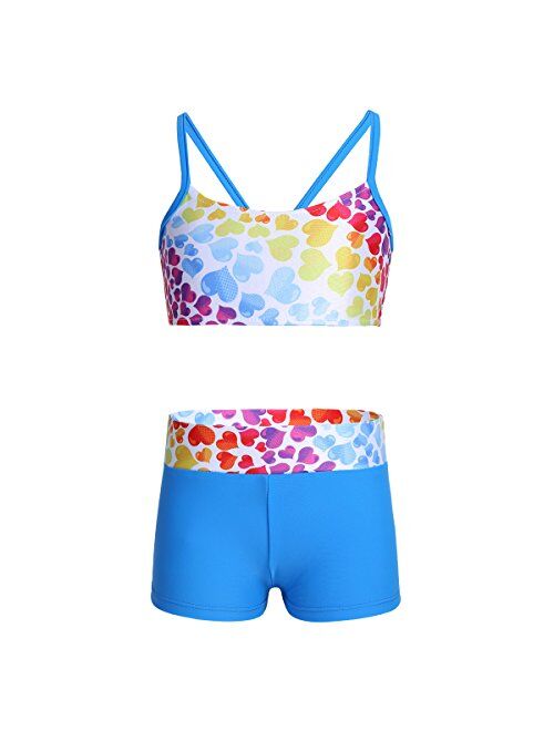 inlzdz Kids Girls Two Piece Sports Tankini Heart-Shaped/Polka Dots Printed Tops with Bottoms Dancewear Swimwear