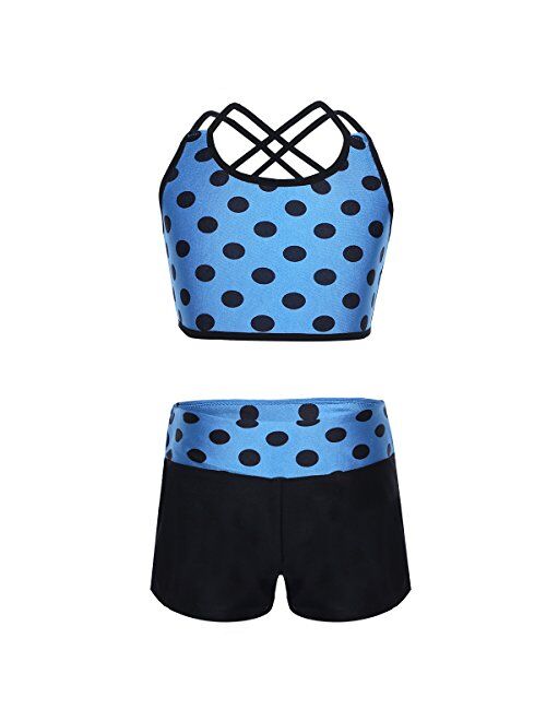 inlzdz Kids Girls Two Piece Sports Tankini Heart-Shaped/Polka Dots Printed Tops with Bottoms Dancewear Swimwear