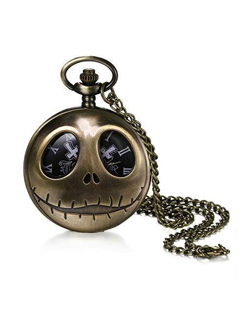 Avaner Retro Bronze Engraved Tim Burton's Nightmare Before Christmas Arabic Numerals Quartz Pocket Watch Chain 31 inches for Women Men