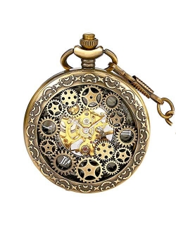 BOSHIYA Mens Vintage Skeleton Pocket Watch Steampunk Windup Half Hunter Mechanism Gear Cover with Chain