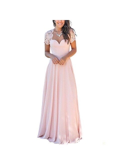 Yuxin Elegant Short Sleeves Lace Prom Party Gowns Long Open Backless Pink Chiffon Beach Wedding Dress