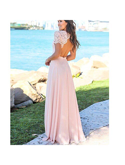 Yuxin Elegant Short Sleeves Lace Prom Party Gowns Long Open Backless Pink Chiffon Beach Wedding Dress