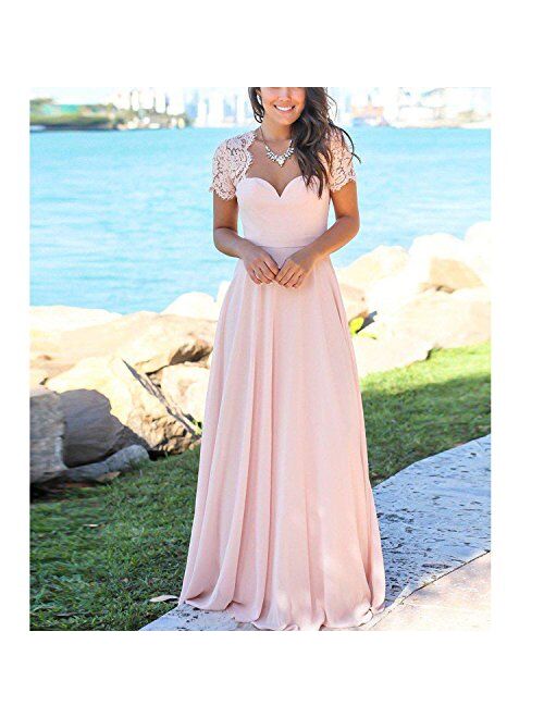 Yuxin Elegant Short Sleeves Lace Prom Party Gowns Long Open Backless Pink Chiffon Beach Wedding Dress