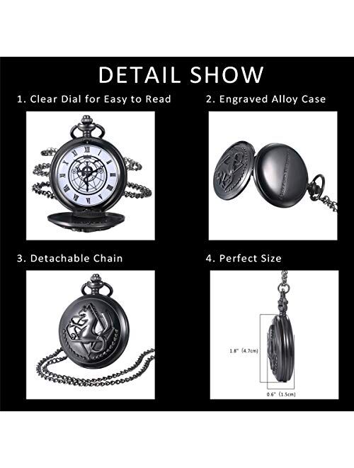 JewelryWe Vintage Fullmetal Alchemist Edward Elric's Pocket Watch Black with 31.9 Inches Chain, for Mothers Day