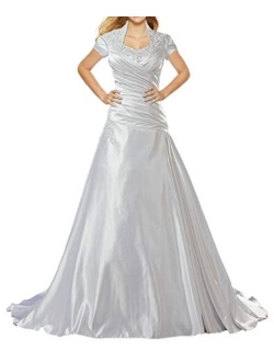 ANTS Bridal Modest A Line Pleat Satin Wedding Dress Short Sleeve