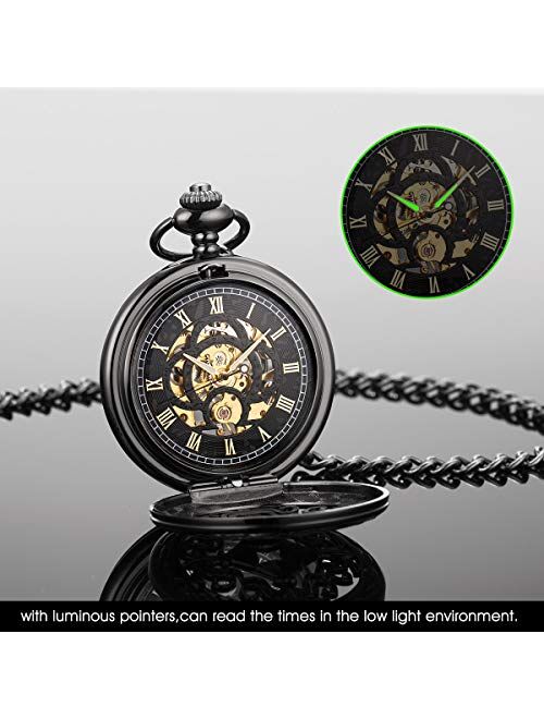 ManChDa Vintage Black Mechanical Hollow Hunter Hand Wind Pocket Watch Luminous Pointer with Chain for Men + Box