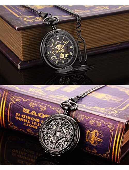 ManChDa Vintage Black Mechanical Hollow Hunter Hand Wind Pocket Watch Luminous Pointer with Chain for Men + Box