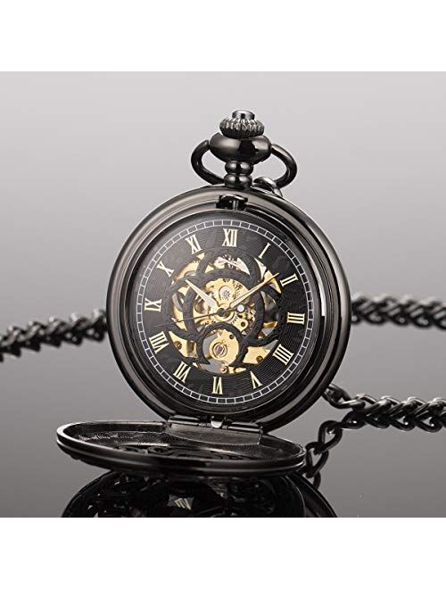 ManChDa Vintage Black Mechanical Hollow Hunter Hand Wind Pocket Watch Luminous Pointer with Chain for Men + Box