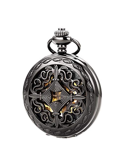 ManChDa Vintage Black Mechanical Hollow Hunter Hand Wind Pocket Watch Luminous Pointer with Chain for Men + Box