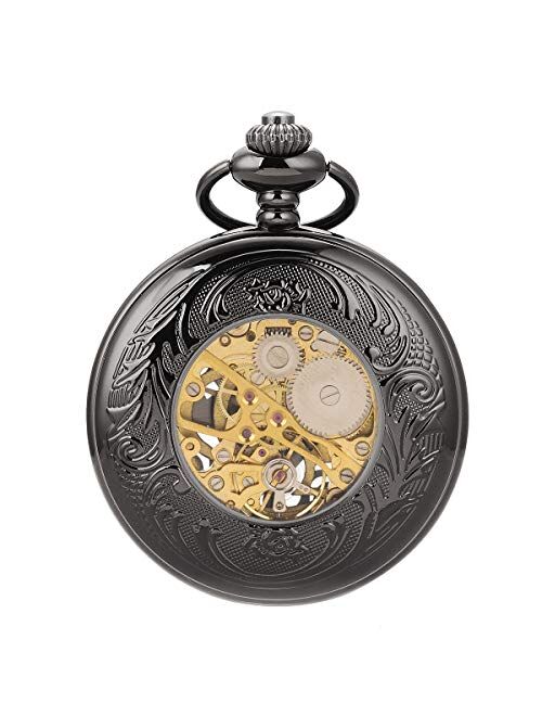 ManChDa Vintage Black Mechanical Hollow Hunter Hand Wind Pocket Watch Luminous Pointer with Chain for Men + Box