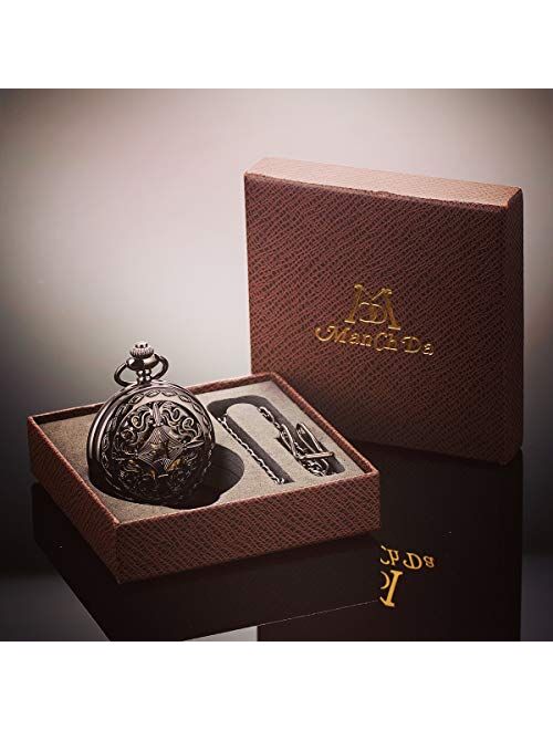 ManChDa Vintage Black Mechanical Hollow Hunter Hand Wind Pocket Watch Luminous Pointer with Chain for Men + Box