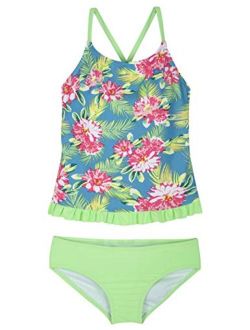 Girls Two Piece Swimsuit Rainbow Unicorn Print Flounce Tankini Kids Swimwear