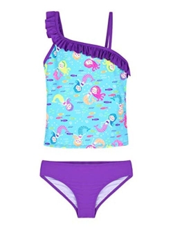 Girls Two Piece Swimsuit Rainbow Unicorn Print Flounce Tankini Kids Swimwear