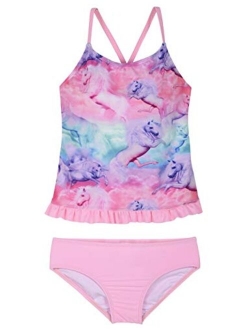 Girls Two Piece Swimsuit Rainbow Unicorn Print Flounce Tankini Kids Swimwear