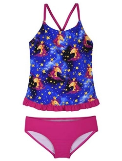 Girls Two Piece Swimsuit Rainbow Unicorn Print Flounce Tankini Kids Swimwear