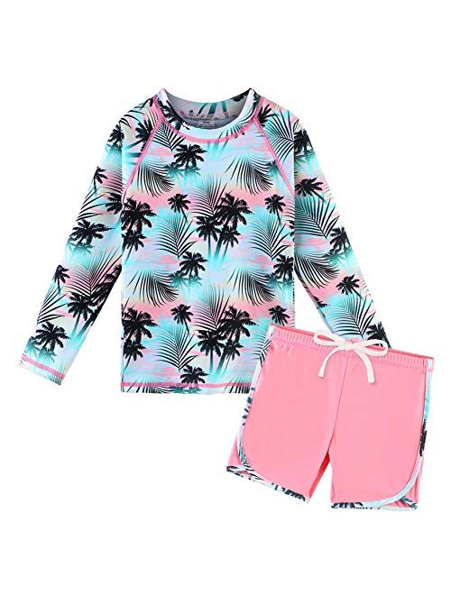 TFJH E Girls Long Sleeve Swimsuits Rashguard Sets Sunsuits UV 50+ Two Piece 3-12Y