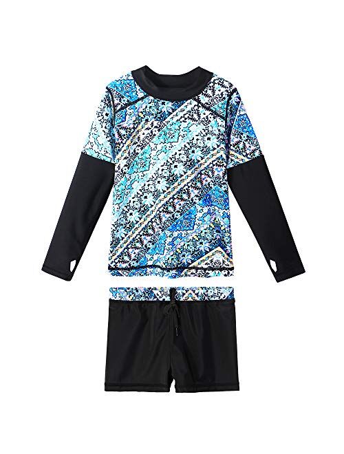 TFJH E Girls Long Sleeve Swimsuits Rashguard Sets Sunsuits UV 50+ Two Piece 3-12Y