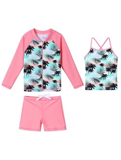 Girls Long Sleeve Swimsuits Rashguard 3 Pcs Sun Protective UV 50+ Zipper Swimwear