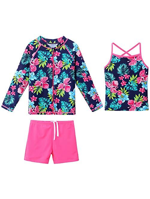 Girls Long Sleeve Swimsuits Rashguard 3 Pcs Sun Protective UV 50+ Zipper Swimwear