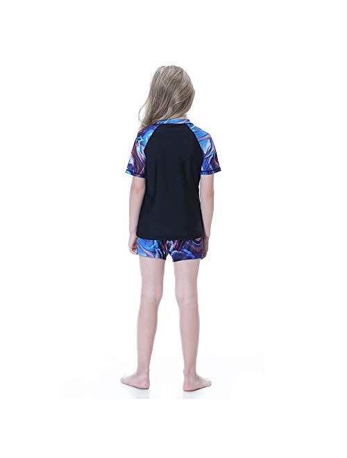 Girls Swimsuits Rash Guard 2 Pieces Set with Swim Hat Quick Dry Swimwear UPF 50+ Sun Protection 4-14 Years