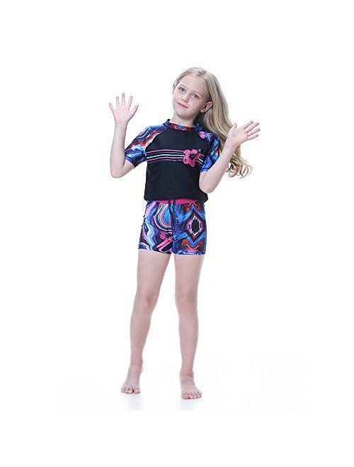 Girls Swimsuits Rash Guard 2 Pieces Set with Swim Hat Quick Dry Swimwear UPF 50+ Sun Protection 4-14 Years