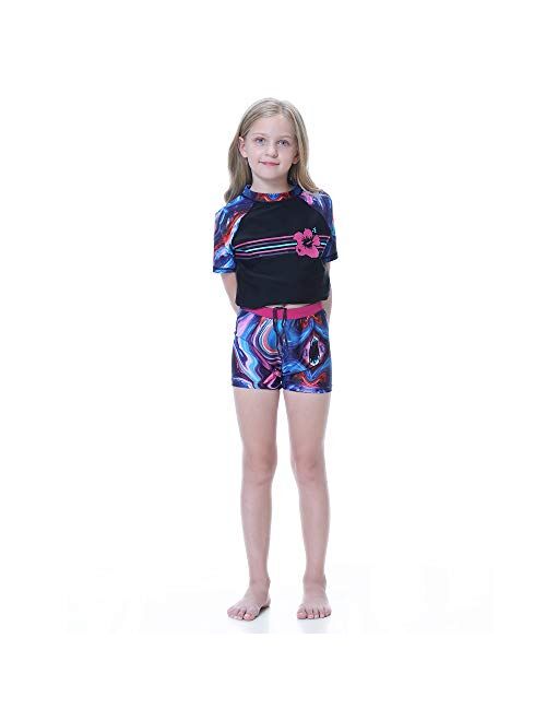 Girls Swimsuits Rash Guard 2 Pieces Set with Swim Hat Quick Dry Swimwear UPF 50+ Sun Protection 4-14 Years