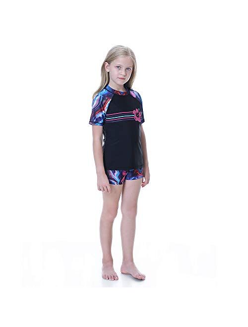 Girls Swimsuits Rash Guard 2 Pieces Set with Swim Hat Quick Dry Swimwear UPF 50+ Sun Protection 4-14 Years