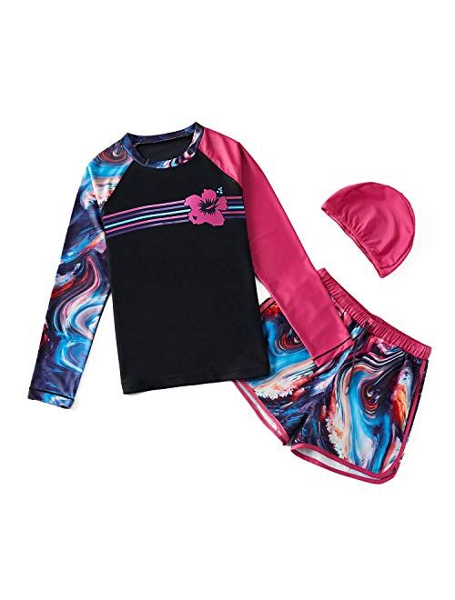 Girls Swimsuits Rash Guard 2 Pieces Set with Swim Hat Quick Dry Swimwear UPF 50+ Sun Protection 4-14 Years