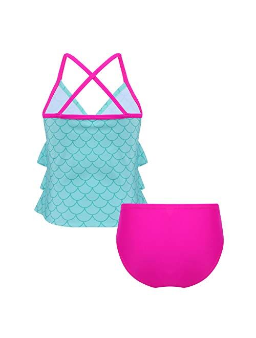 iEFiEL Big Girls Youth Two Piece Mermaid Printed Tankini Swimsuit Bathing Suit Top Swim Briefs