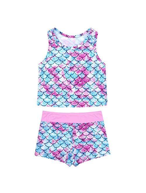 Agoky Little Big Girls' Two Pieces Tankini Swimsuit Top with Shorts Set Summer Bikini Beachwear