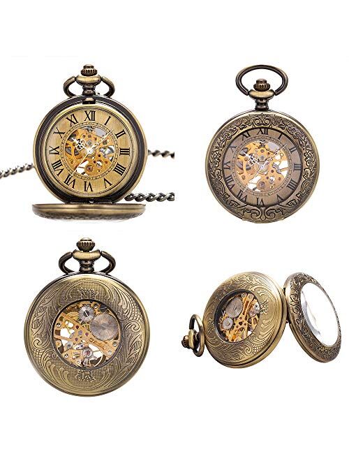 ManChDa Mechanical Pocket Watch, for Men Women Special Magnifier Half Hunter Double Open Engraved Case Roman Numerals with Chain + Box