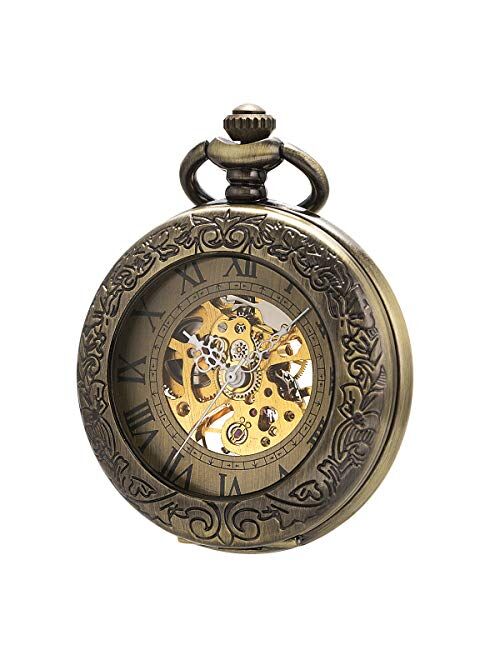 ManChDa Mechanical Pocket Watch, for Men Women Special Magnifier Half Hunter Double Open Engraved Case Roman Numerals with Chain + Box