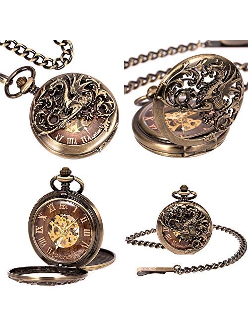 ManChDa Mens Skeleton Mechanical Pocket Watch Dragon Hollow Double Hunter ManChDa Burlywood Dial