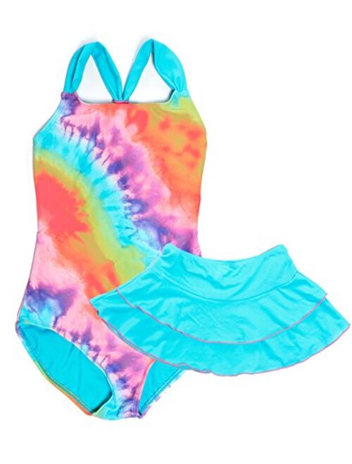 LEINASEN Girls One Piece Swimsuits with Skirt, Racer Back with Flounce Swim Skirt Bathing Suit for Kids