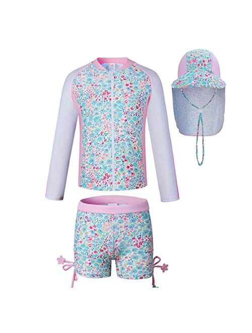 Vivobiniya Kids Girl Rashguard Swimsuit with Sun Hats UPF 50+uv Long Sleeve