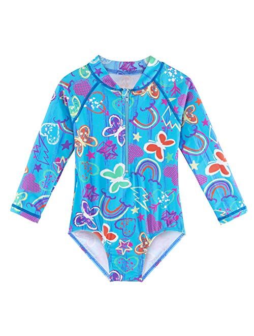 TFJH E Girls Long Sleeve Swimsuits UPF 50+ Swimwear Rash Guard Bathing Suit with Zipper One Piece