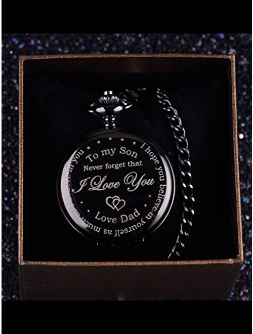 Pangda Pocket Watch to Husband Gift,Engraved Pocket Watch (Son Gifts, Black Dial)