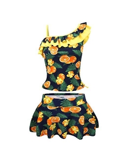 KALAWALK Girls Two Piece Tankini Lemon Double Flounce One Shoulder Adjustable Swimsuit Boyshort Tankini