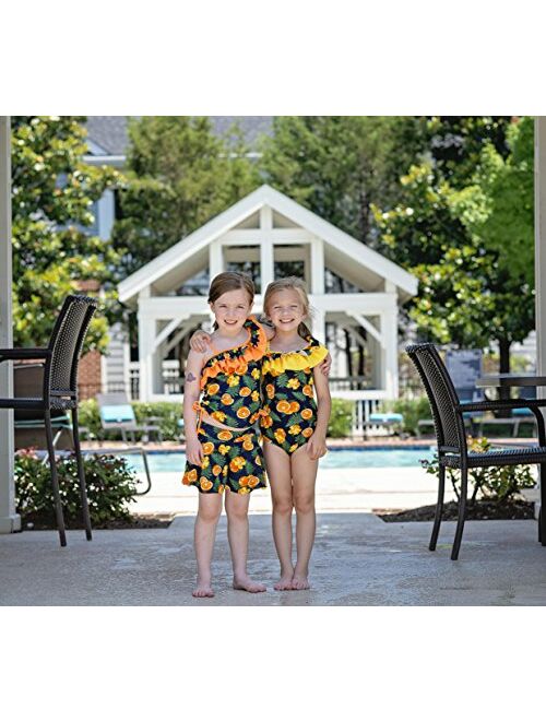 KALAWALK Girls Two Piece Tankini Lemon Double Flounce One Shoulder Adjustable Swimsuit Boyshort Tankini