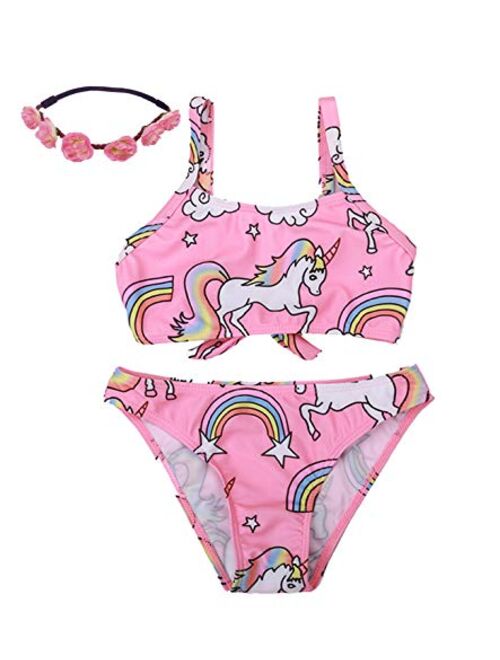 Little Girls 3pcs Bikini Swimsuit Unicorn Lovely Cartoon Beach Swimwear Swimpool Bathing Suit Swim for 4-9 Years(Pink)