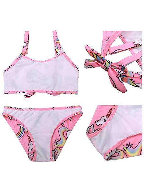 Little Girls 3pcs Bikini Swimsuit Unicorn Lovely Cartoon Beach Swimwear Swimpool Bathing Suit Swim for 4-9 Years(Pink)