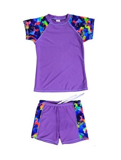 LEINASEN Girls 2-Piece Rash Guard Swimsuit, UPF 50+ Sun Protection Short Sleeves Top with Boyshorts, Size 4-16