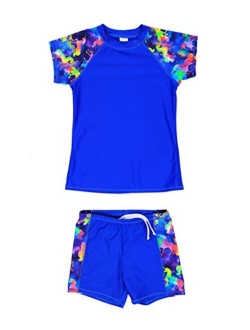 LEINASEN Girls 2-Piece Rash Guard Swimsuit, UPF 50+ Sun Protection Short Sleeves Top with Boyshorts, Size 4-16