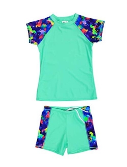 LEINASEN Girls 2-Piece Rash Guard Swimsuit, UPF 50+ Sun Protection Short Sleeves Top with Boyshorts, Size 4-16