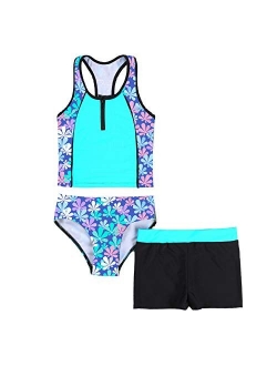 Haitryli Kids Girls 3 Pieces Swimsuit Sleeveless Floral Printed Tops with Shorts Bottoms Set Tankini Bathing Suit