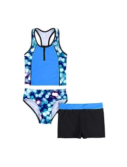 Haitryli Kids Girls 3 Pieces Swimsuit Sleeveless Floral Printed Tops with Shorts Bottoms Set Tankini Bathing Suit