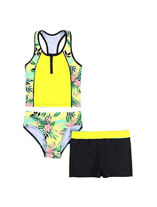 Haitryli Kids Girls 3 Pieces Swimsuit Sleeveless Floral Printed Tops with Shorts Bottoms Set Tankini Bathing Suit